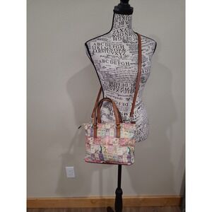 Fossil Crossbody Purse Tote Vintage Soap Label design print multi pocket boho